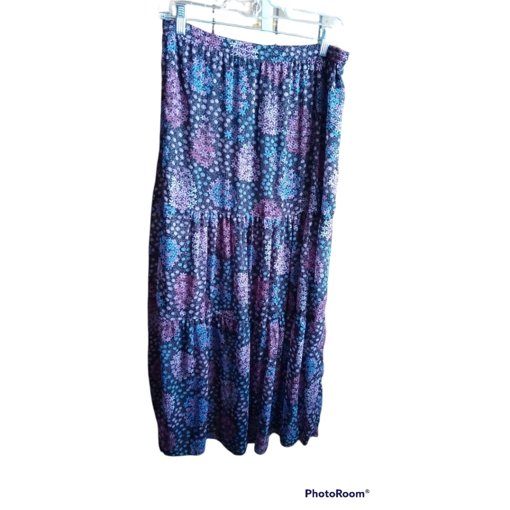 Mauve Boho Black Floral Tiered Skirt